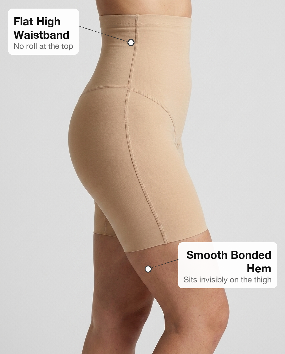 Sculpt Short - flat waistband and smooth hem, side profile